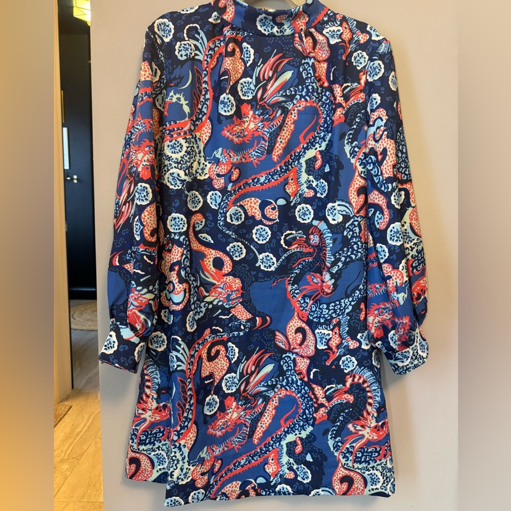 NWT - CK BRADLEY Elegant Blue and Red Dragon Print Dress